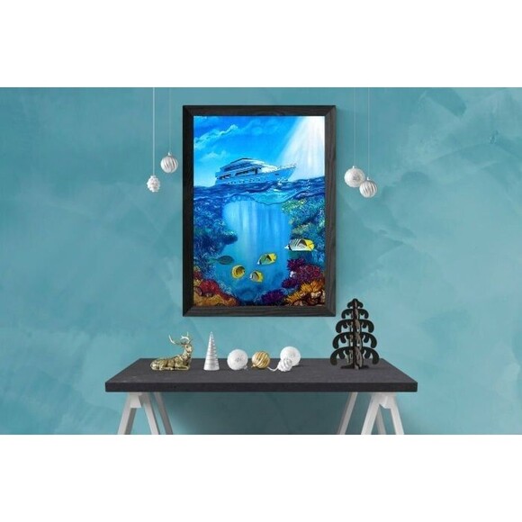 Original Oil Painting 18x24 Seascape Underwater Yachts Marine Life Canvas Art - Picture 6 of 8